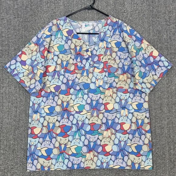 Scrub Wear Scrub Top Womens Large Blue Multi-Color Bears Print V Neck Nurse - Picture 1 of 10